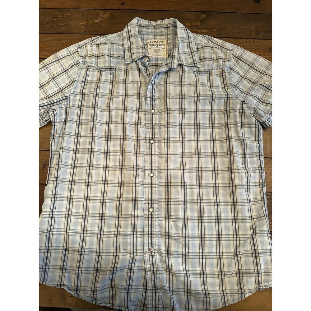 Levi's Pearl Snap Shirt Mens sz L Blue Check Short Sleeve Two Horse Brand